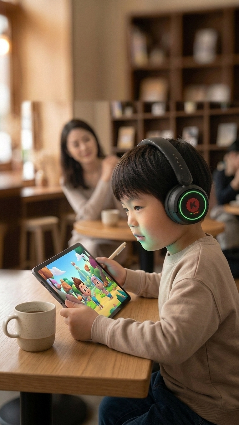 A child wearing Khozi Halos, calmly watching a tablet in a café while a parent looks on