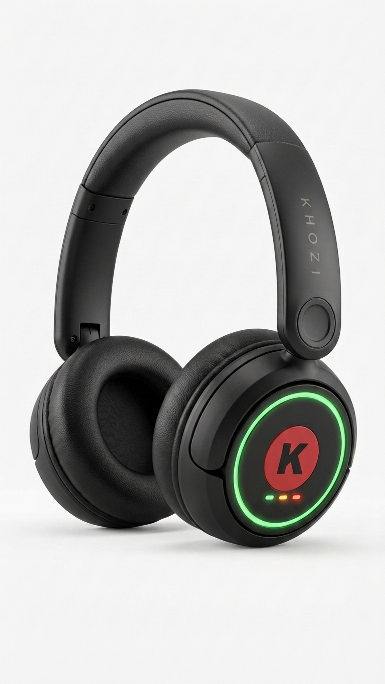 Khozi Halos matte-black children's headphone with a glowing green halo ring
